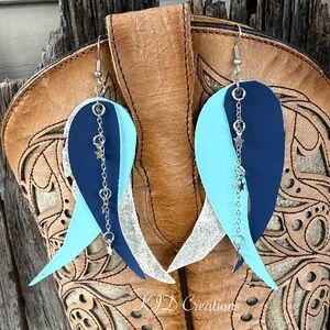 Western Boho faux leather feather long dangle earring with beads chain accents